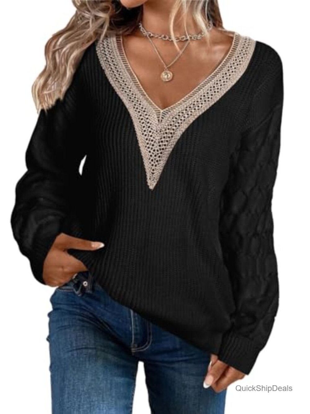 Long Sleeve Lace V Neck Knit Pullover Sweater Jumper Top